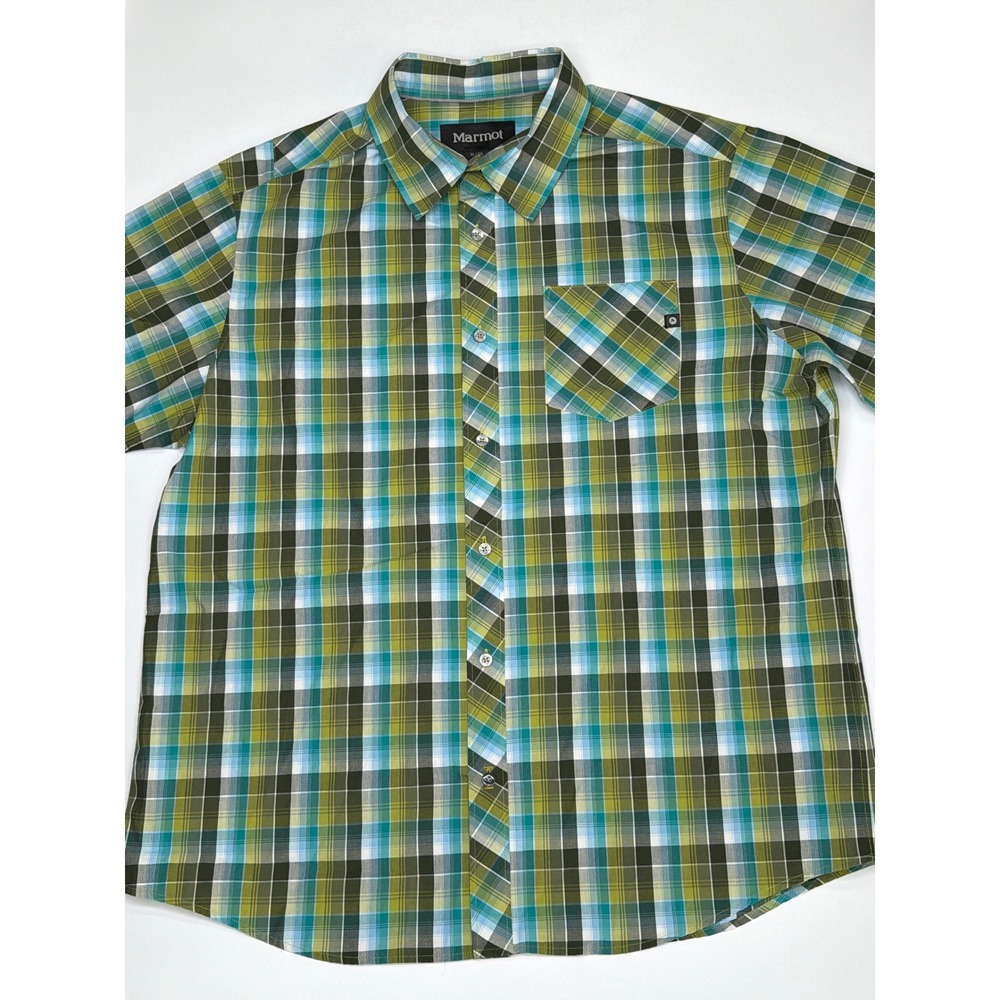 Marmot Mens Plaid Short Sleeve Button Up Shirt Green Blue XL 100% Organic Cotton